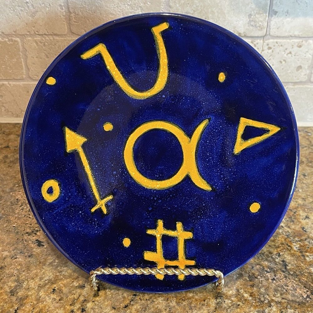 Mexico Clay Pottery Plate 7.5 Inch Studio Art Signs Symbols Design Cobalt Blue